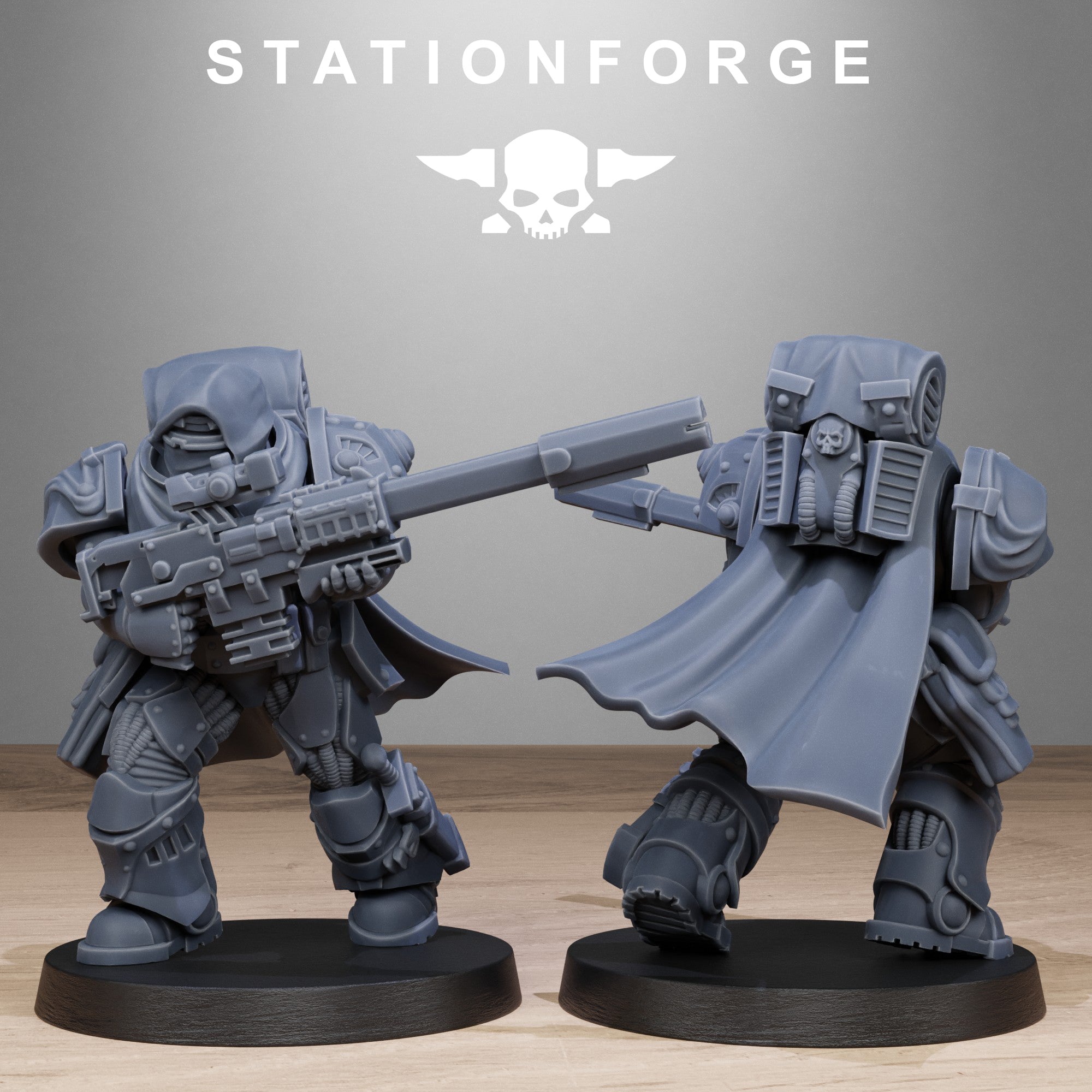 Socratis Sniper resin miniature by Station Forge, shown aiming a long rifle with cloak, armor plates, and sci-fi infantry details.