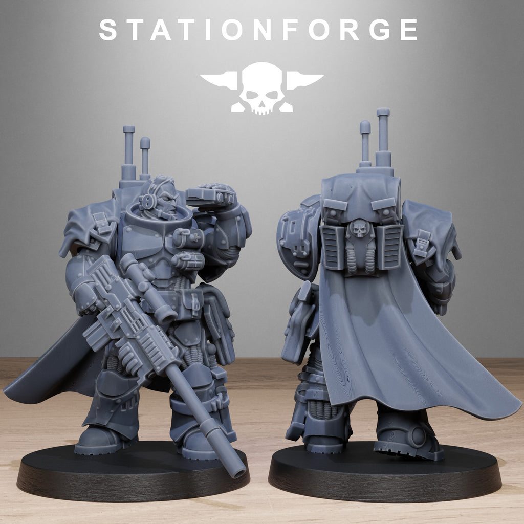 Socratis Sniper miniature by Station Forge, shown with heavy long-range rifle, helmeted head, cloak, and armored tactical gear.