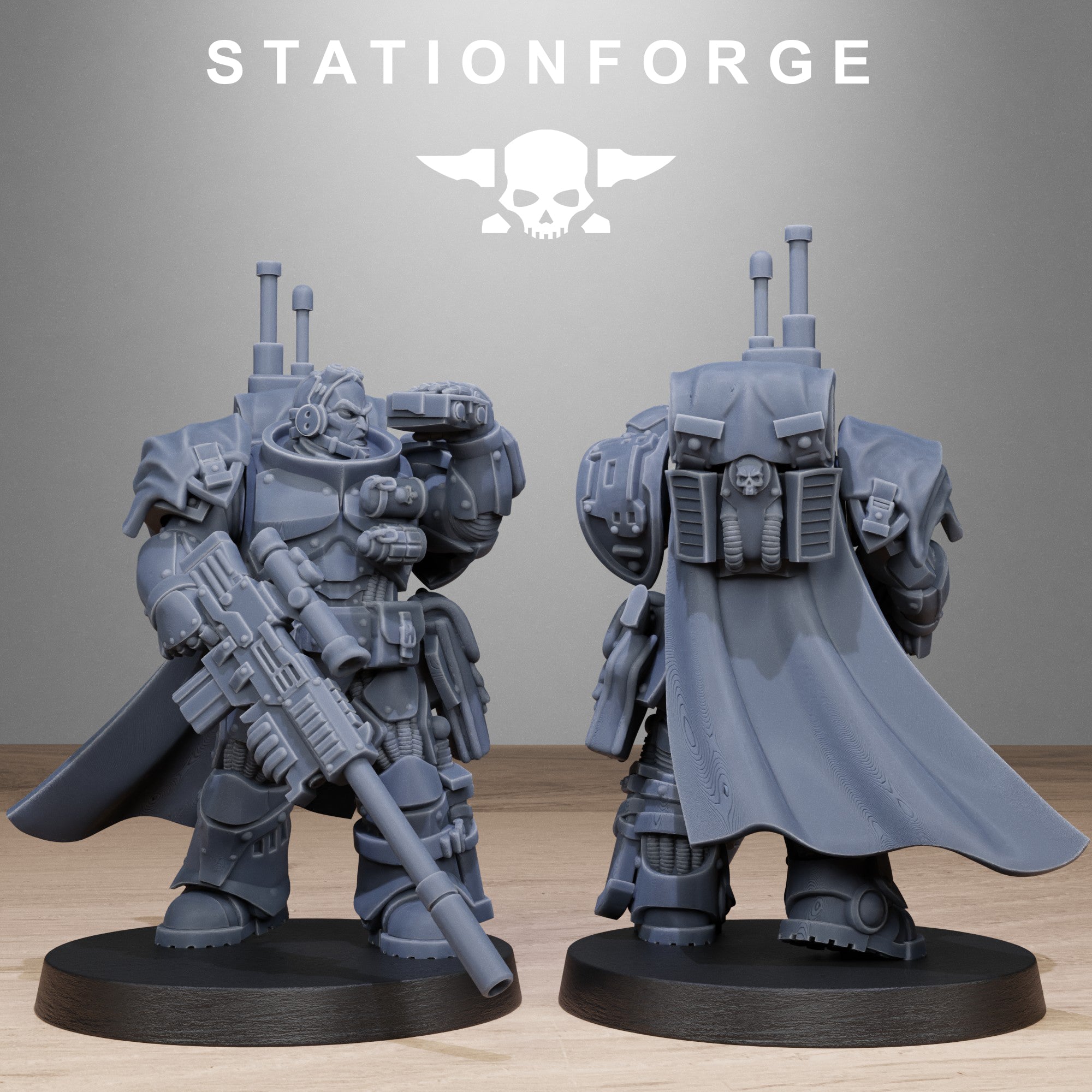 Socratis Sniper miniature by Station Forge, shown with heavy long-range rifle, helmeted head, cloak, and armored tactical gear.
