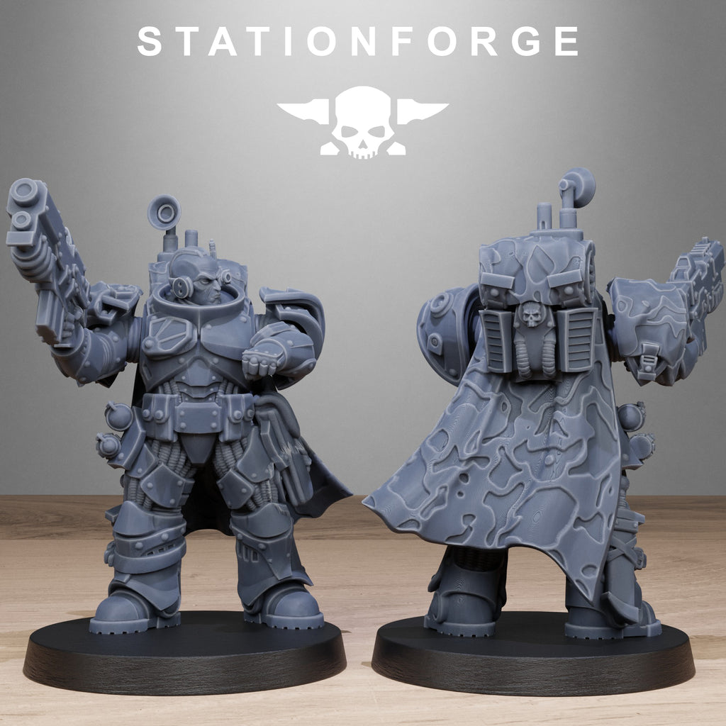 Socratis Sniper miniature by Station Forge, shown advancing with sniper rifle, cloak, armor plating, and futuristic soldier details.
