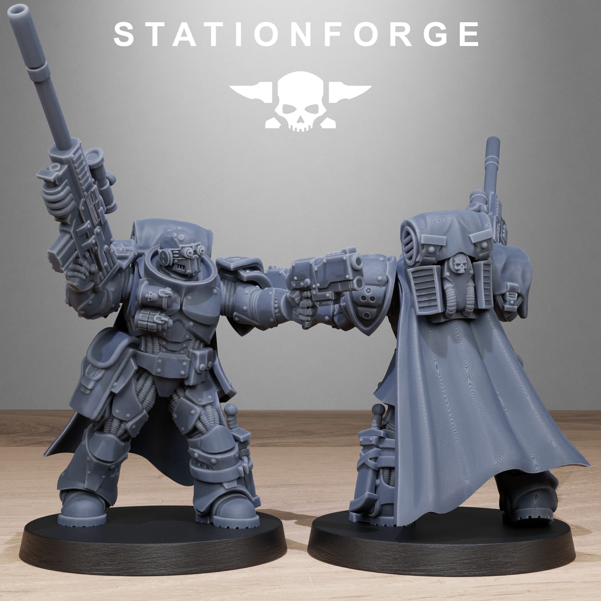 Socratis Sniper miniature by Station Forge, shown standing with long rifle, cape, armor panels, and detailed tactical equipment.