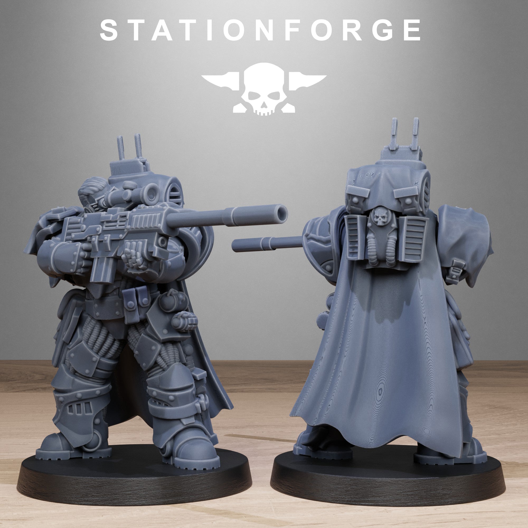Socratis Sniper miniature by Station Forge, shown in a kneeling firing pose with long rifle, cloak, armor, and marksman gear.