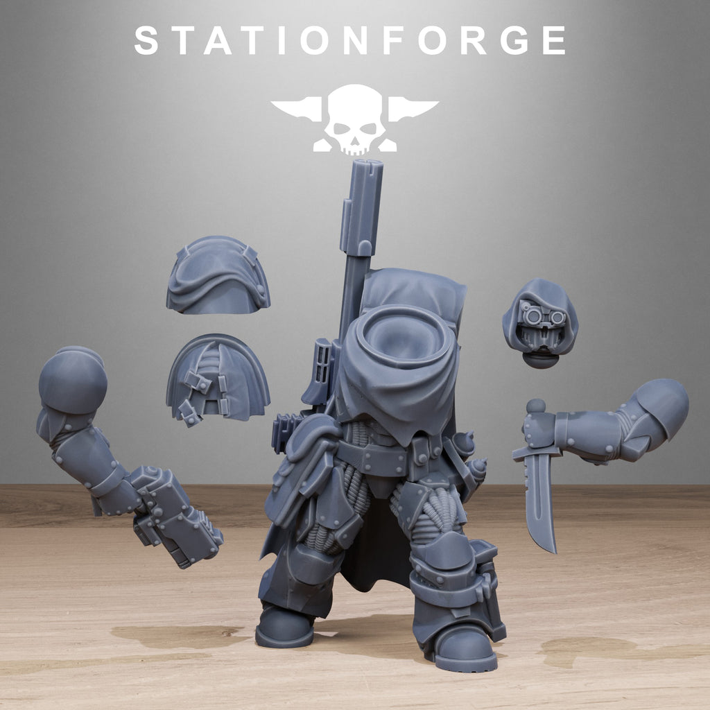 Socratis Snipers modular parts by Station Forge, showing sci-fi sniper heads, torsos, arms, rifles, backpacks, cloaks, legs, and build options.