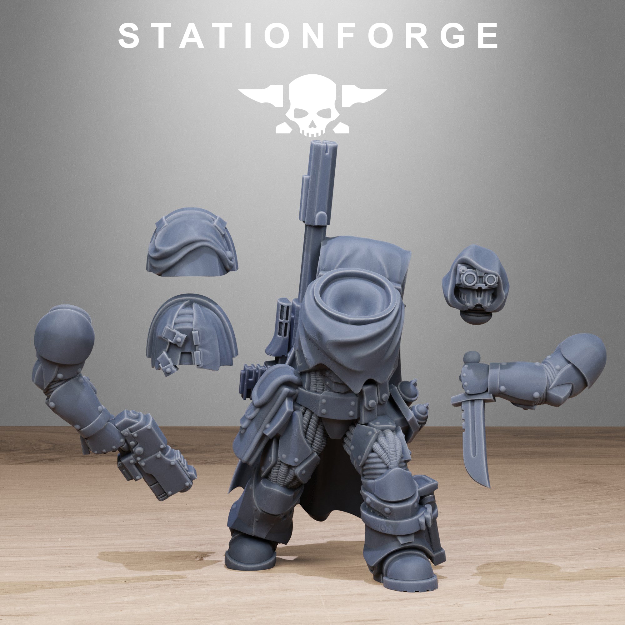 Socratis Snipers modular parts by Station Forge, showing sci-fi sniper heads, torsos, arms, rifles, backpacks, cloaks, legs, and build options.