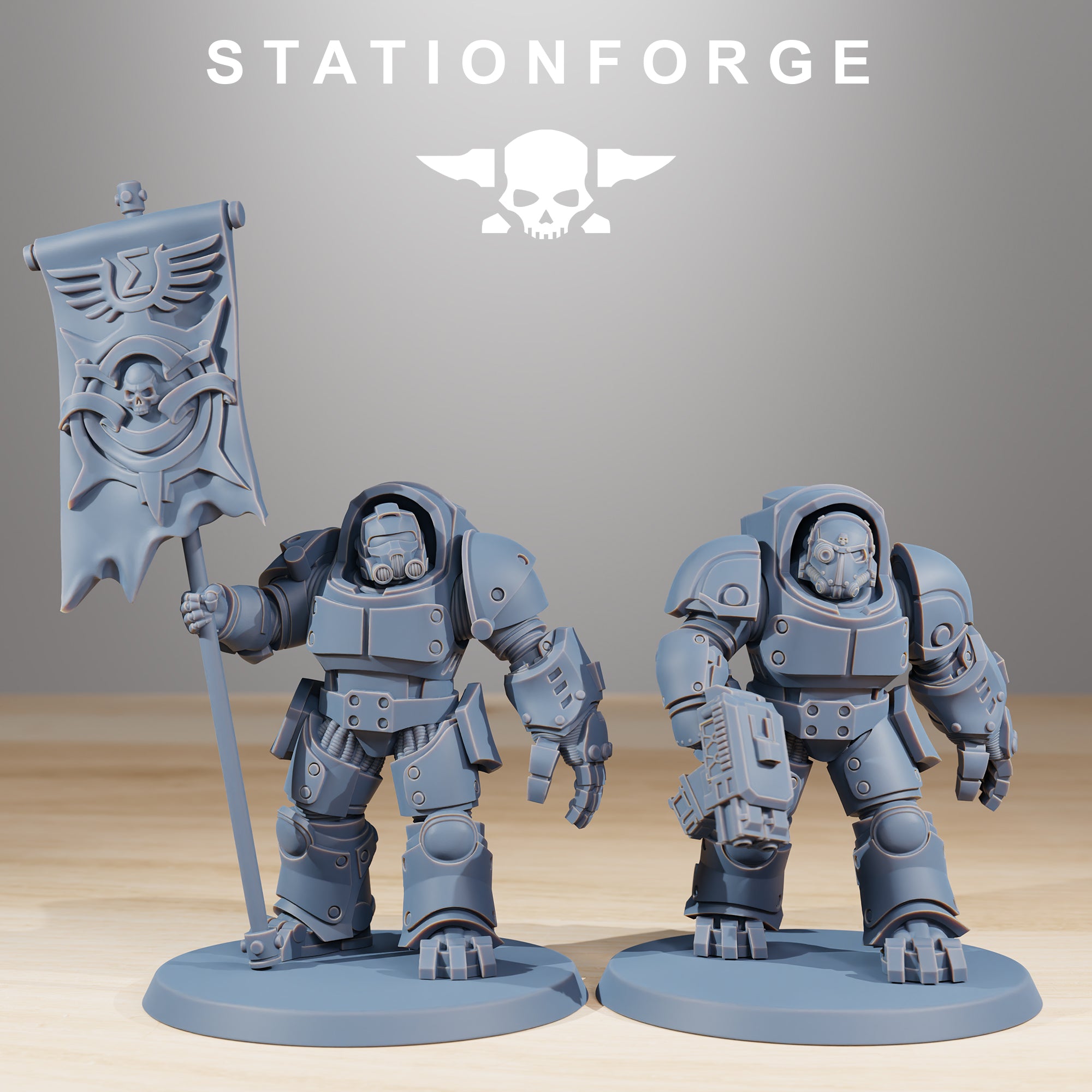 Socratis Vanguard resin miniatures with banner bearer and armored sci-fi warrior on round bases.