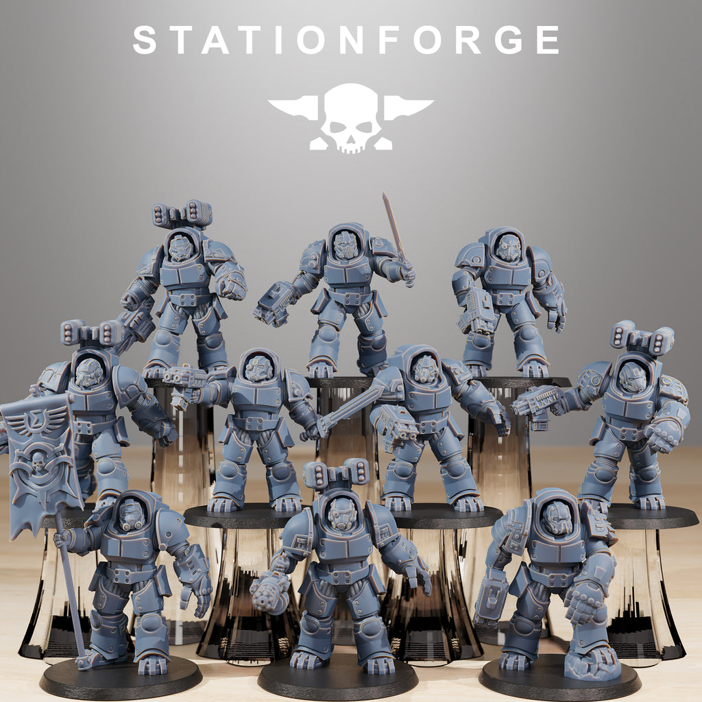 Station Forge Socratis Vanguard full squad of heavy sci-fi resin miniatures with armored weapons and banner.