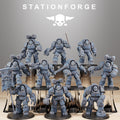 Station Forge Socratis Vanguard full squad of heavy sci-fi resin miniatures with armored weapons and banner.