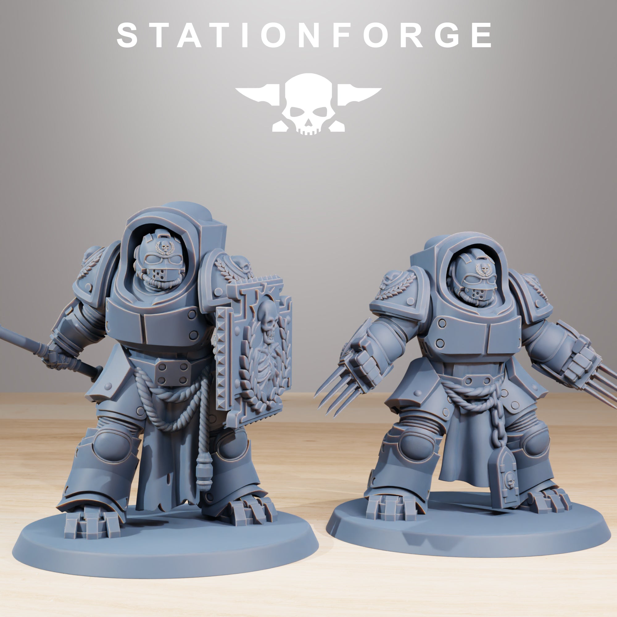Two Socratis Vanguard Melee Unit miniatures with power claws and close-combat weapons.
