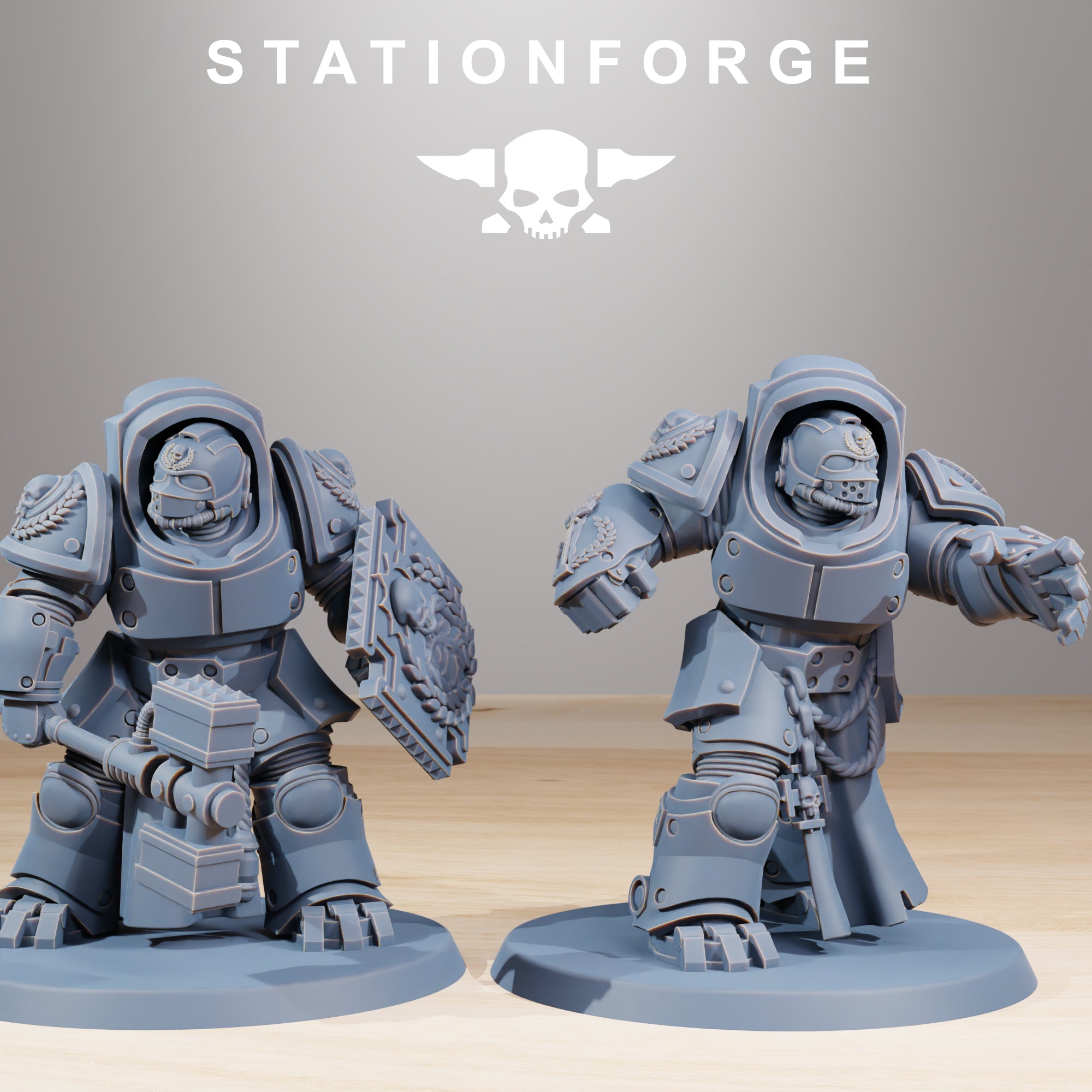 Station Forge Socratis Vanguard Melee warriors with skull shield, hammer, claws, and detailed armor.
