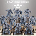 Station Forge Socratis Vanguard Melee Unit full squad of heavy sci-fi resin miniatures with shields, claws, hammers, and melee weapons.