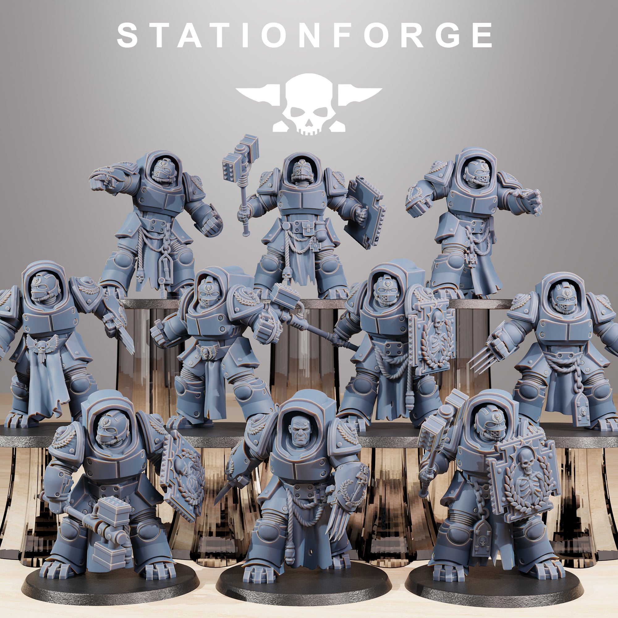 Station Forge Socratis Vanguard Melee Unit full squad of heavy sci-fi resin miniatures with shields, claws, hammers, and melee weapons.