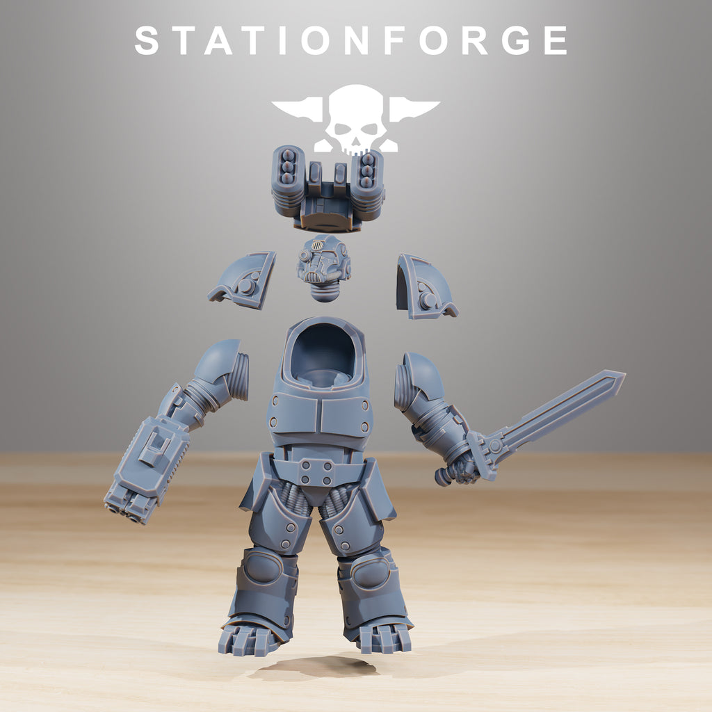 Socratis Vanguard modular resin miniature parts with armor, weapons, helmet, and backpack components.