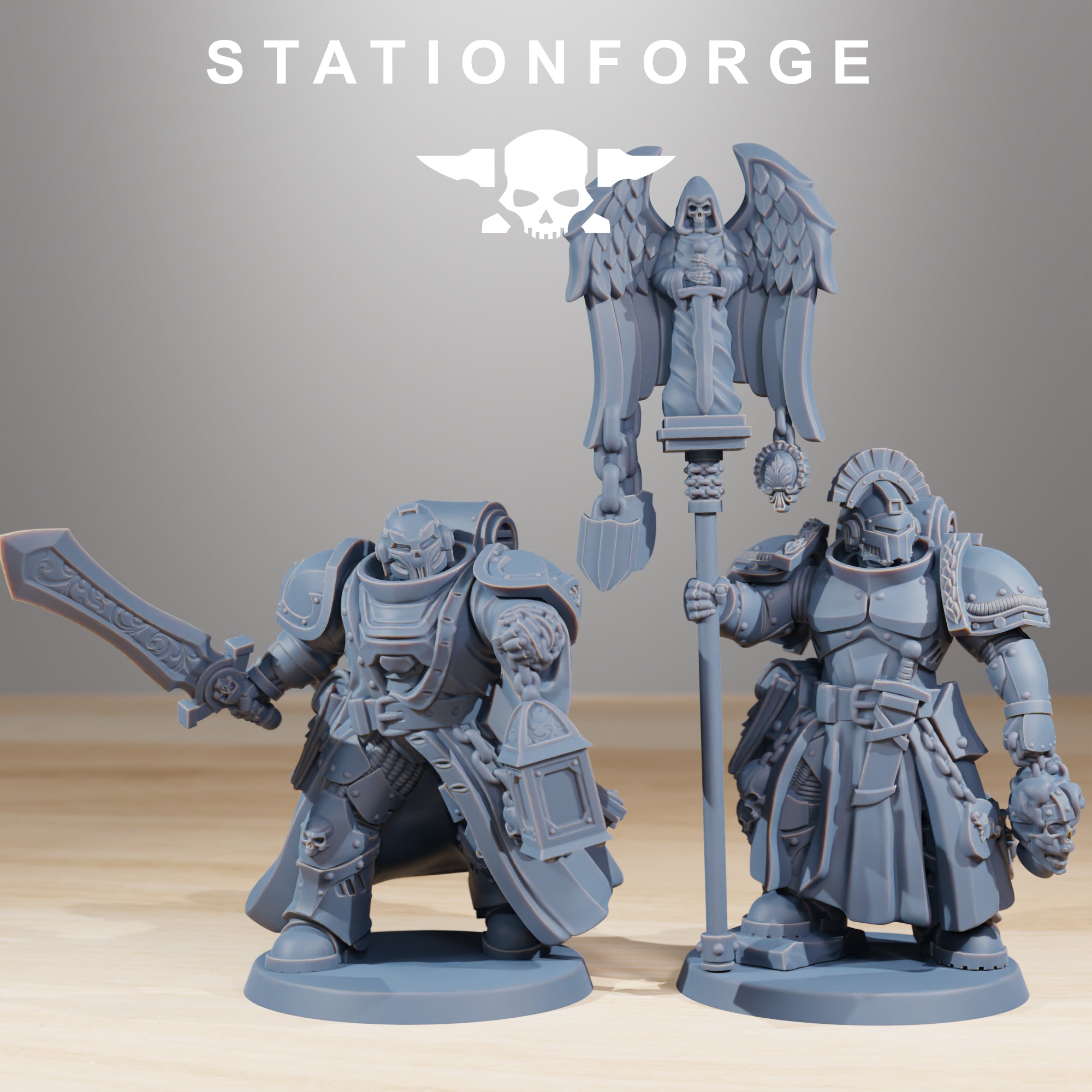 Socratis Knights resin miniatures with decorative staff, sword, armor, robes, and sci-fi knight details.