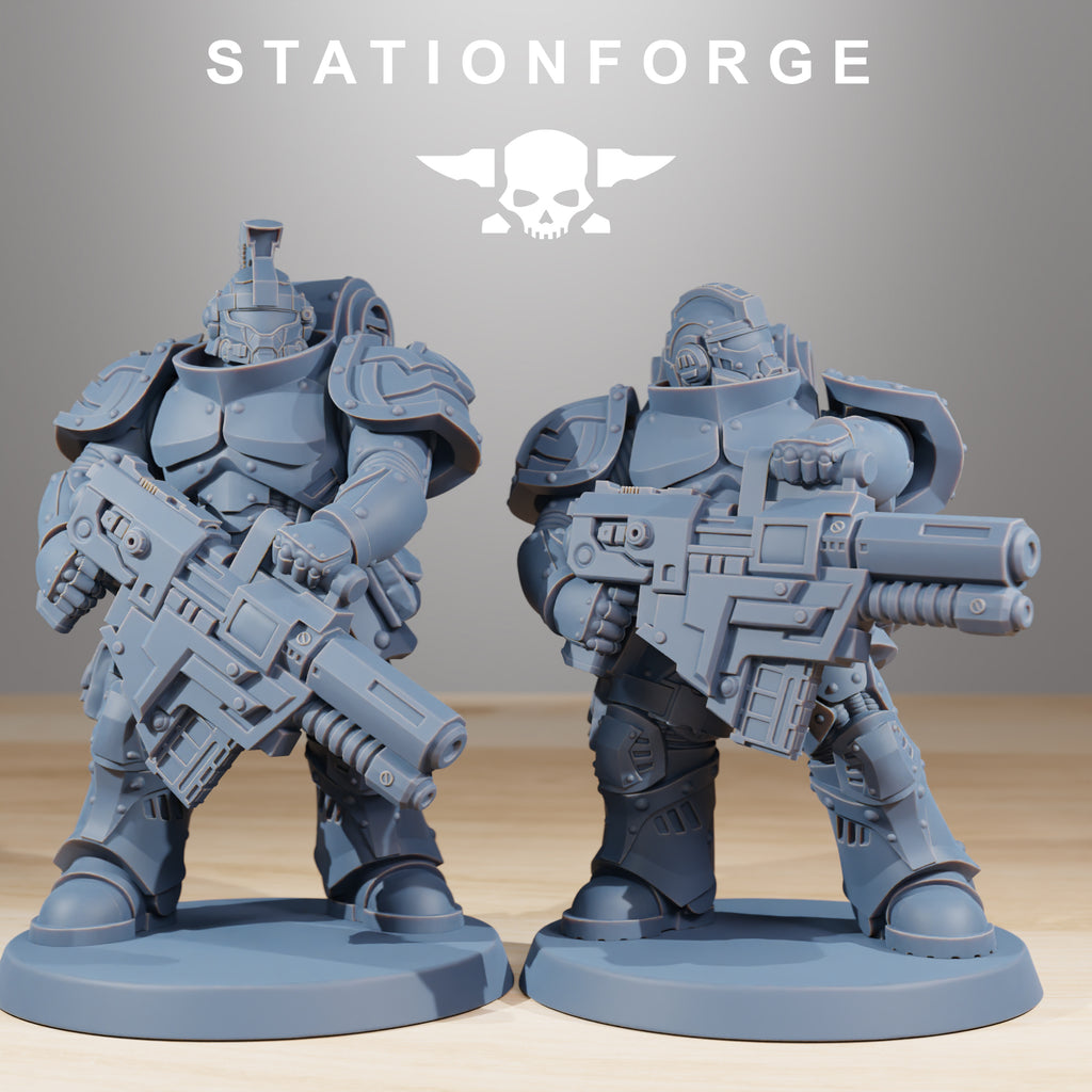 Socratis Knights heavy weapon miniatures with oversized sci-fi rifles and armored knight-style details.