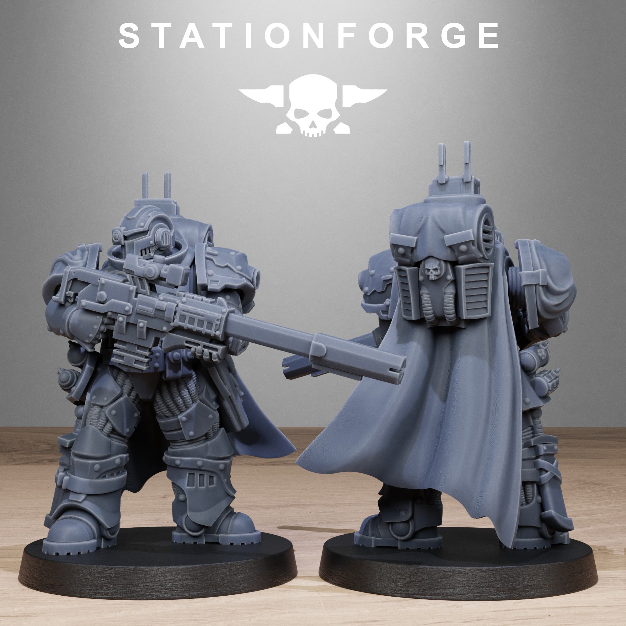 Socratis Sniper by Station Forge, shown with raised weapon, sidearm pose, cloak, heavy armor, and sci-fi specialist styling.