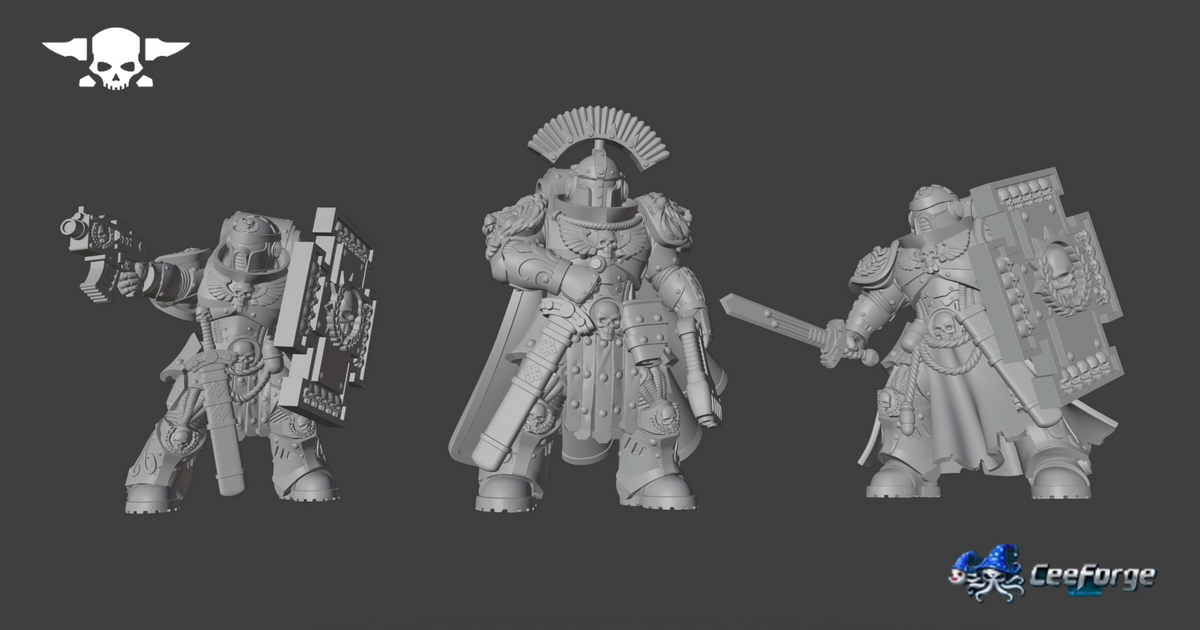 Three custom Socratis Guardsmen digital models by CeeForge using Station Forge components, shown together from the front