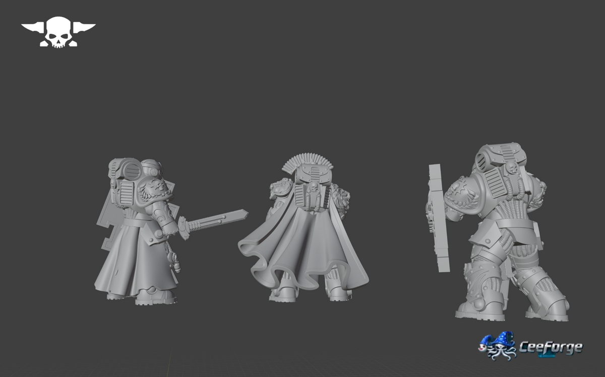 Rear digital render of three Socratis Guardsmen showing armored backpacks, cloaks, shields, and individual poses