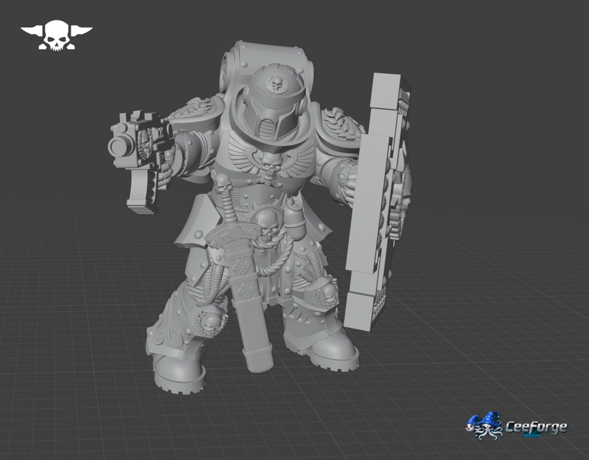 Socratis Guardsman digital sculpt with armored helmet, pistol, decorative chest armor, and a large shield