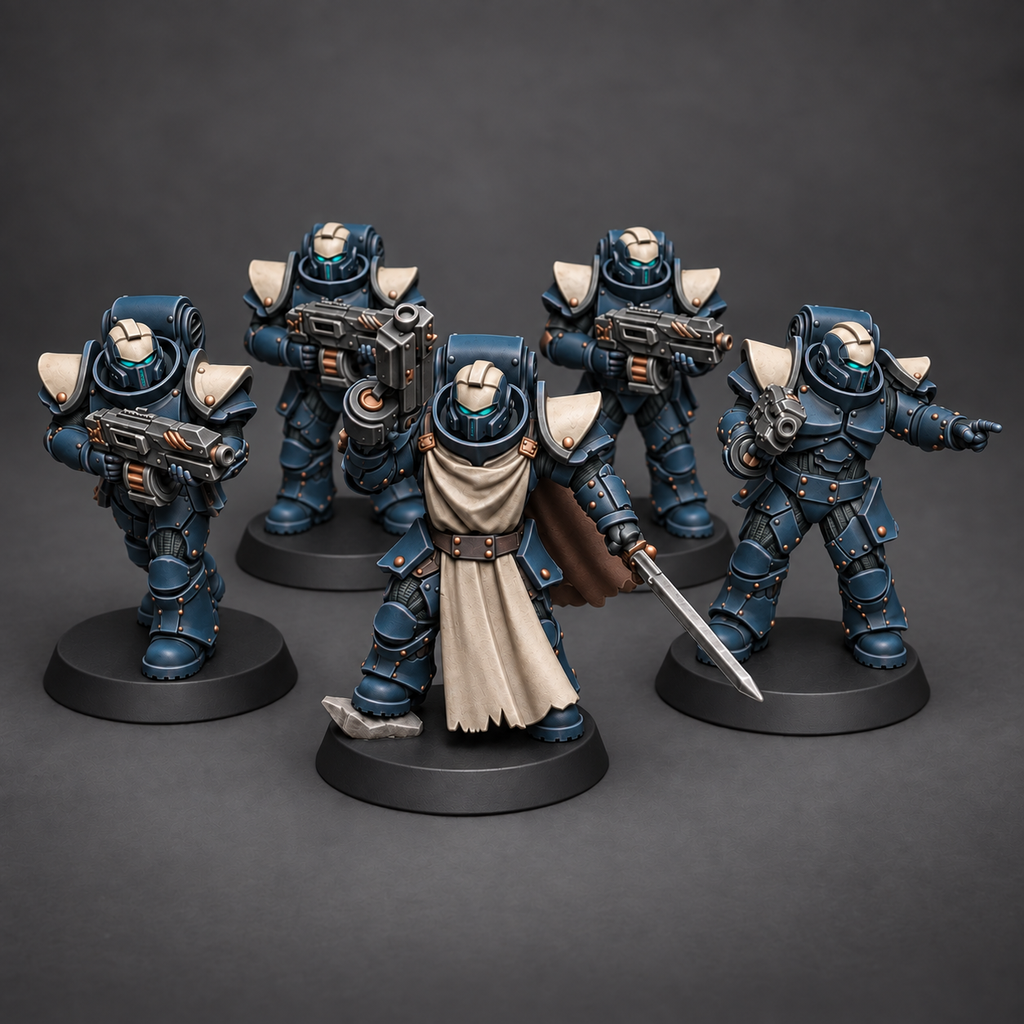 CeeForge custom Socratis Infantry Squad painted in petrol blue and military tones, shown as a compact sci-fi rifleman unit.