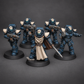 CeeForge custom Socratis Infantry Squad painted in petrol blue and military tones, shown as a compact sci-fi rifleman unit.