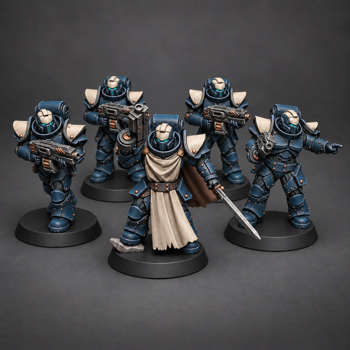CeeForge custom Socratis Infantry Squad painted in petrol blue and military tones, shown as a compact sci-fi rifleman unit.