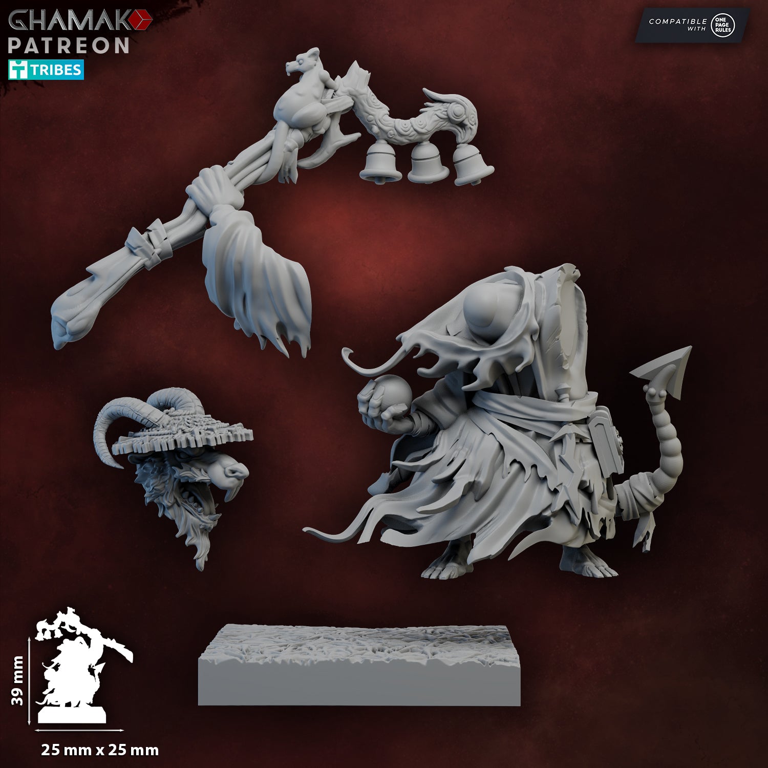 Sohei Yogen-Rat modular resin parts by Ghamak, showing ratfolk body, alternate head, staff with bells, orb hand, and square base.
