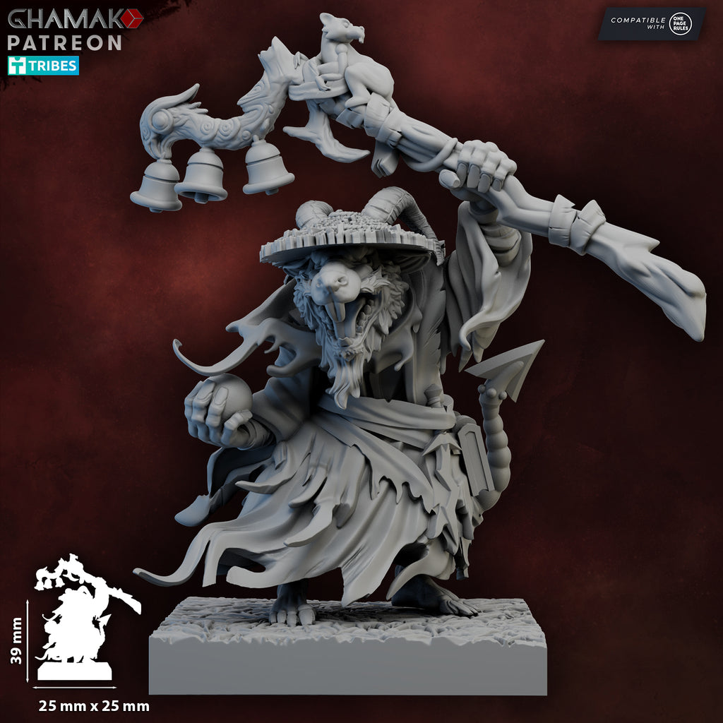 Sohei Yogen-Rat fantasy ratfolk monk miniature by Ghamak, shown with robes, staff, bells, orb, and sculpted 25mm square base.