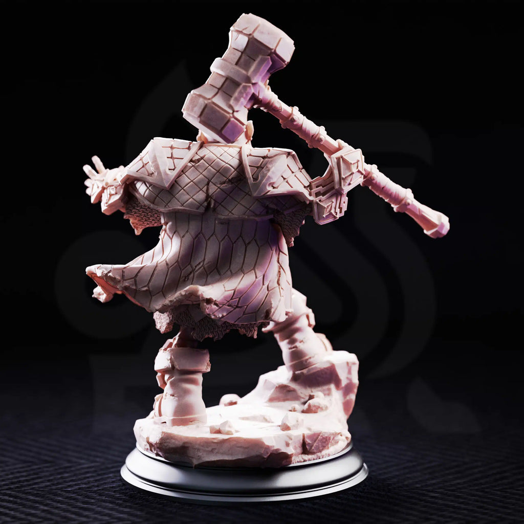 Rear view of Sook, undead dwarven brother miniature by DM Stash, showing armor, cloak, weapon, and sculpted back details.