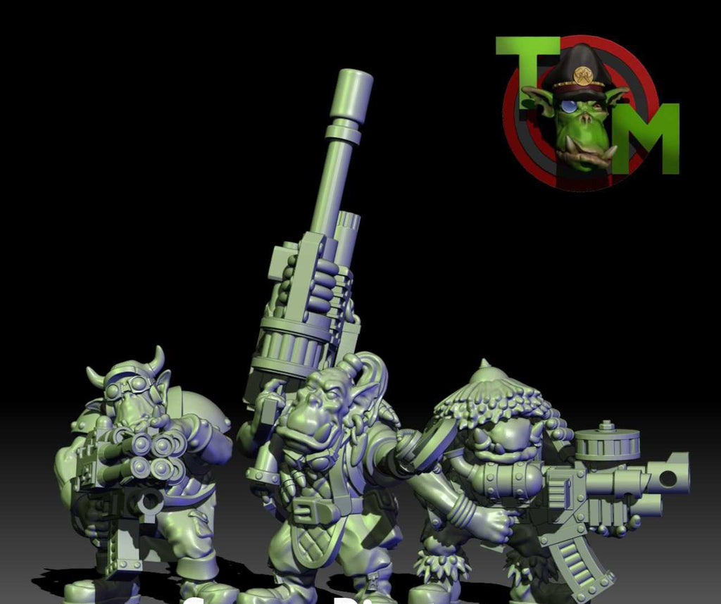 Three sci-fi orc raider miniatures from the Guttertech Scrap Corsairs squad, featuring heavy blasters, goggles, armor, and characterful weapons.