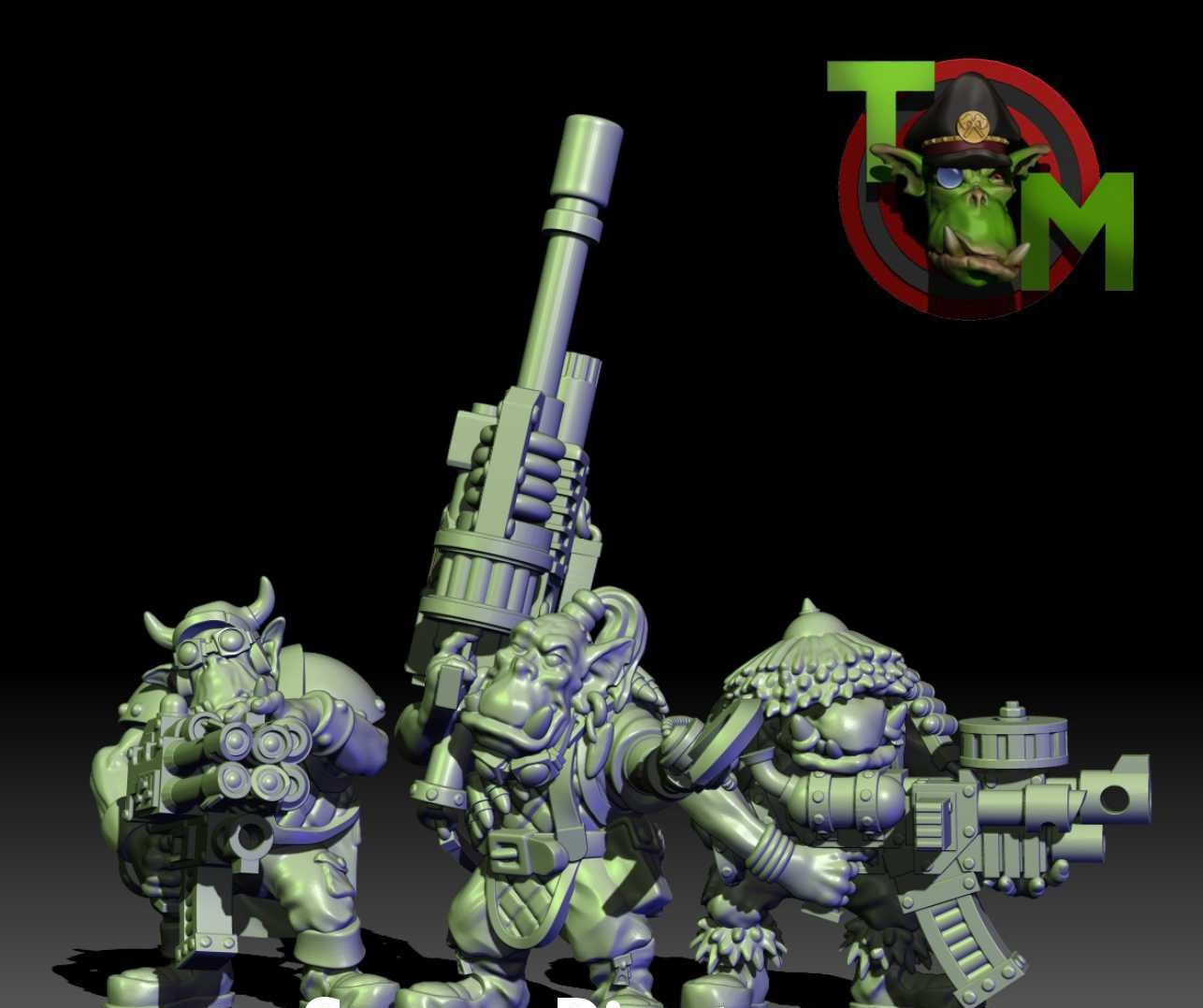 Three sci-fi orc raider miniatures from the Guttertech Scrap Corsairs squad, featuring heavy blasters, goggles, armor, and characterful weapons.