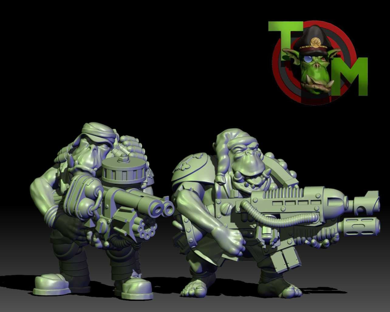 Two Guttertech Scrap Corsair orc miniatures by Trollet Miniatures, shown with oversized sci-fi weapons and scavenged raider gear.