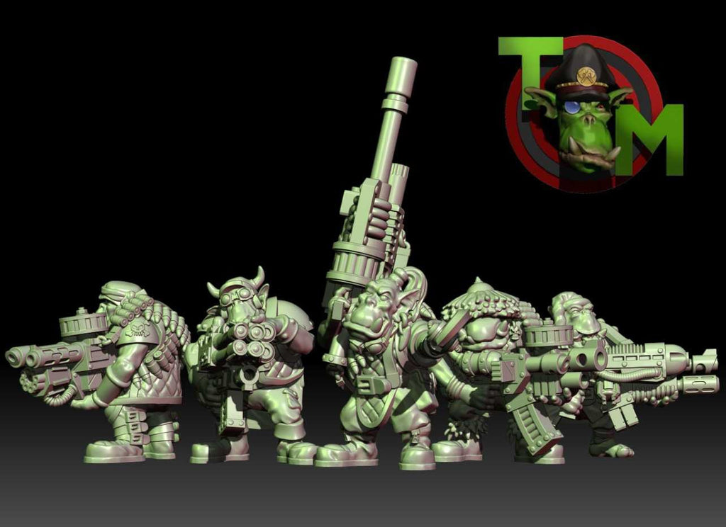 Five Guttertech Scrap Corsair sci-fi orc miniatures by Trollet Miniatures, shown with oversized guns, scavenged armor, and pirate-style tabletop poses.