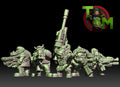 Five Guttertech Scrap Corsair sci-fi orc miniatures by Trollet Miniatures, shown with oversized guns, scavenged armor, and pirate-style tabletop poses.