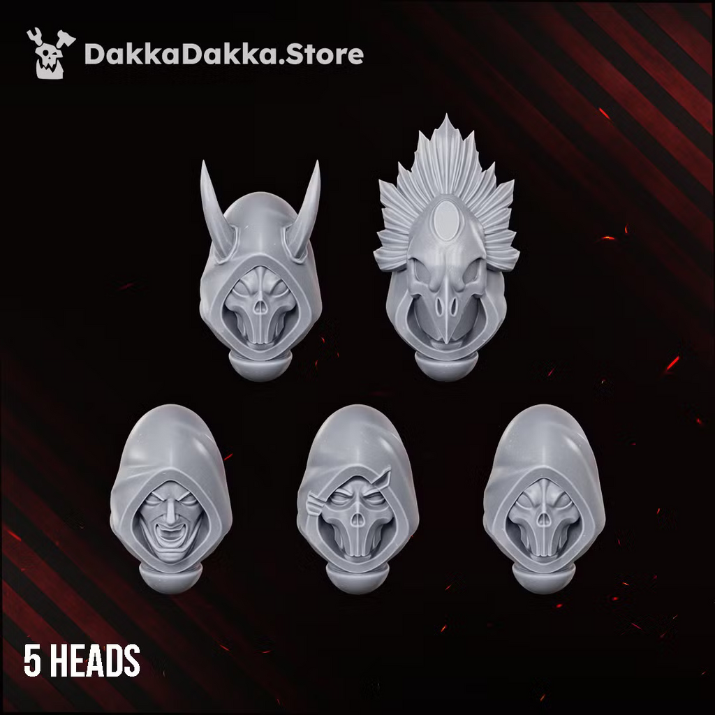 Five interchangeable Spacelair Firestorm Guardian heads with ornate alien helmets and ceremonial details.