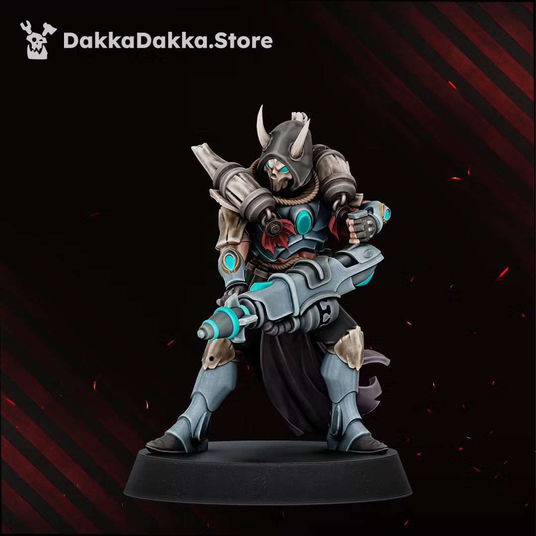 Individual Spacelair Firestorm Guardian monopose miniature in an advancing combat stance with ornate armor, horned helmet, and energy weapon.