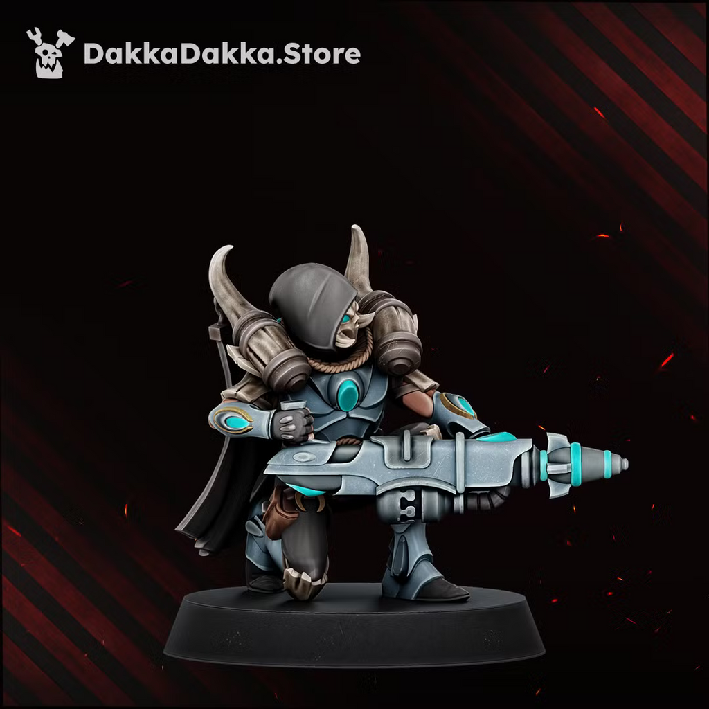 Individual Spacelair Firestorm Guardian monopose miniature in a low firing stance with ceremonial armor and long energy weapon.