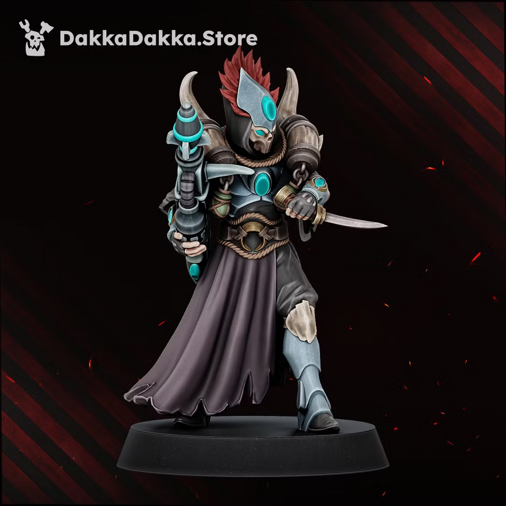 Individual Spacelair Firestorm Guardian monopose miniature with flowing robes, ornate armor, and raised weapon detail.