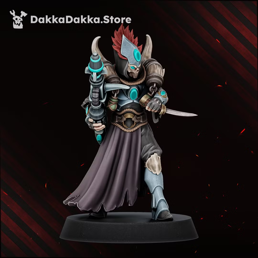 Individual Spacelair Firestorm Guardian monopose miniature with flowing robes, ornate armor, and raised weapon detail.