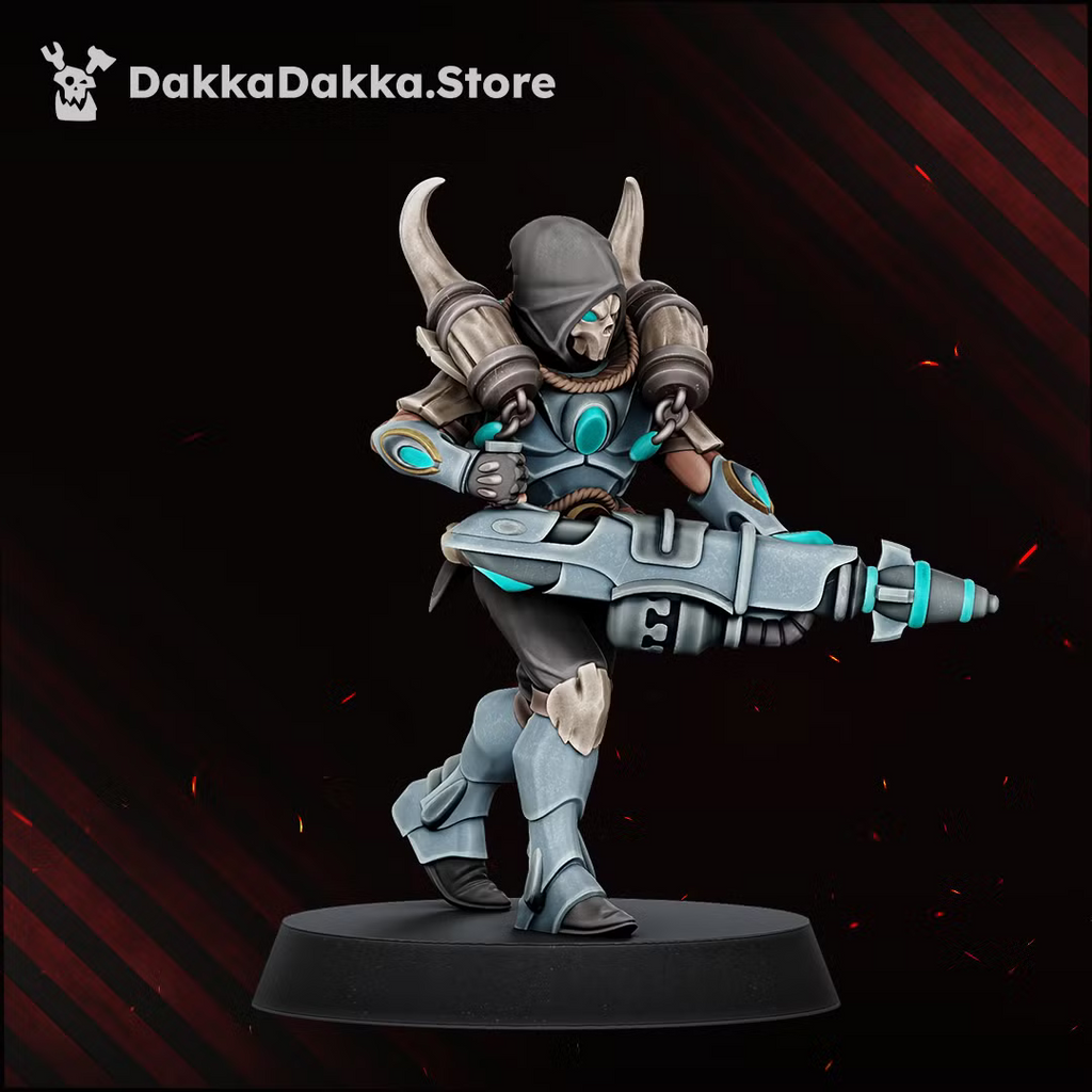Individual Spacelair Firestorm Guardian monopose miniature aiming an energy rifle, with horned helmet and layered ceremonial armor.