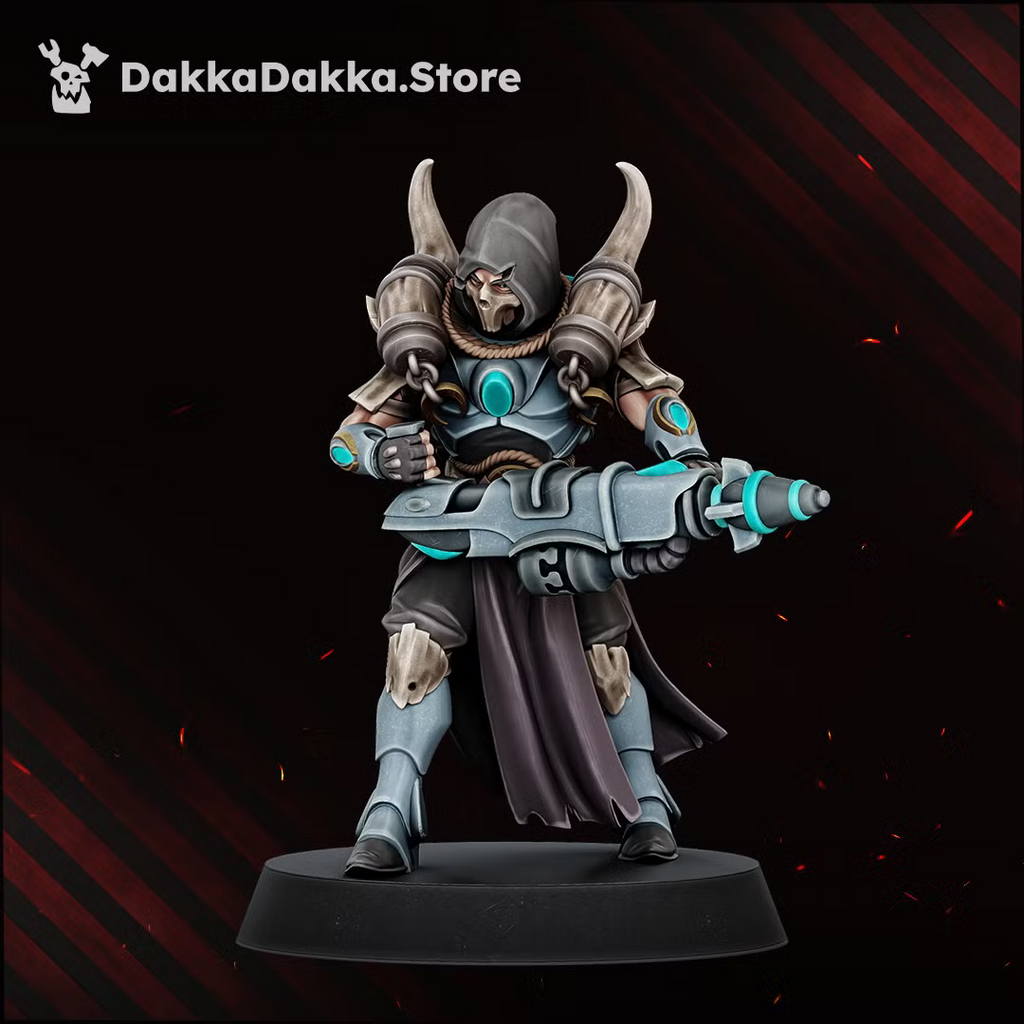 Individual Spacelair Firestorm Guardian monopose miniature holding an energy rifle across its body, with horned helmet and ceremonial armor.