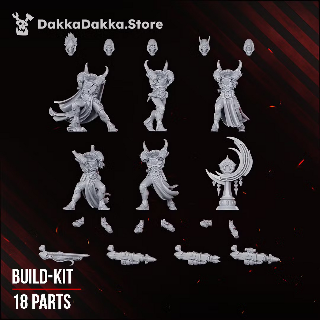 Spacelair Firestorm Guardians 18-part modular Build Kit, showing five bodies, five heads, seven arms and weapons, and crescent shrine.