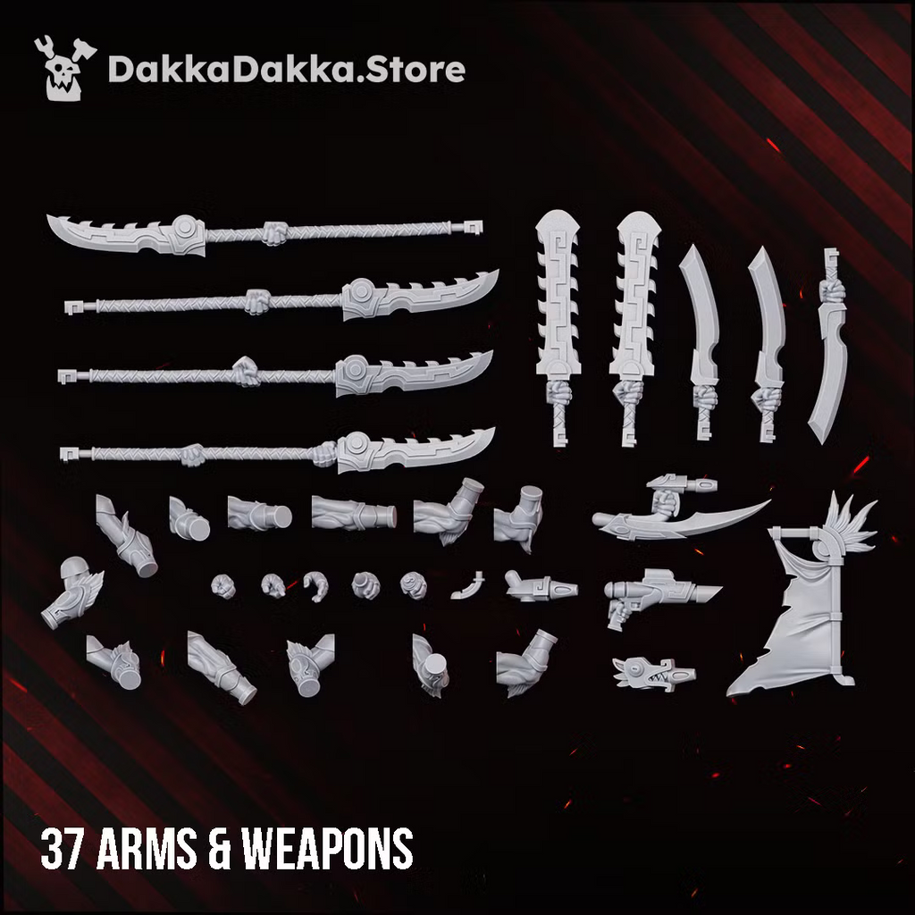 Thirty-seven modular Spacelair Stinging Blade arms and weapons for the Build Kit.