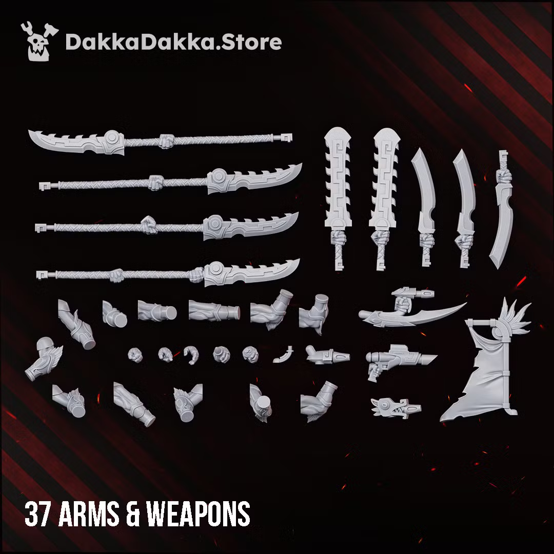 Thirty-seven modular Spacelair Stinging Blade arms and weapons for the Build Kit.