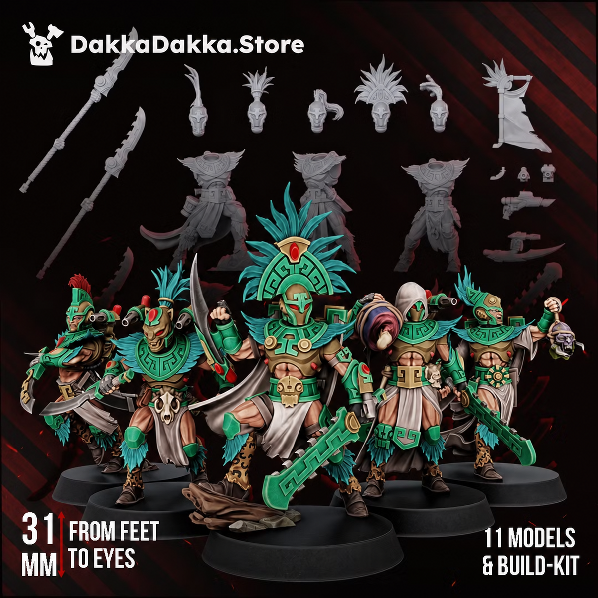 Spacelair Stinging Blades by DakkaDakka, showing the 31mm alien blade squad, shrine, and modular components.
