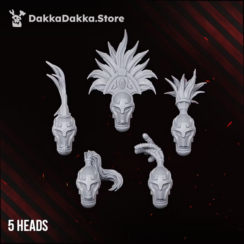 Five interchangeable Spacelair Stinging Blade heads with ornate helmets and feathered crests.