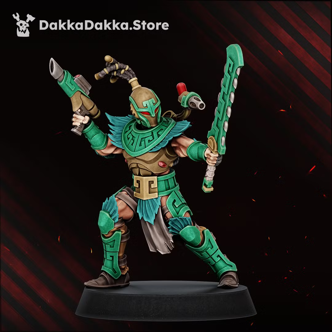  Individual Spacelair Stinging Blade warrior in a high-stepping combat pose with feathered crest, ceremonial armor, and curved sword.