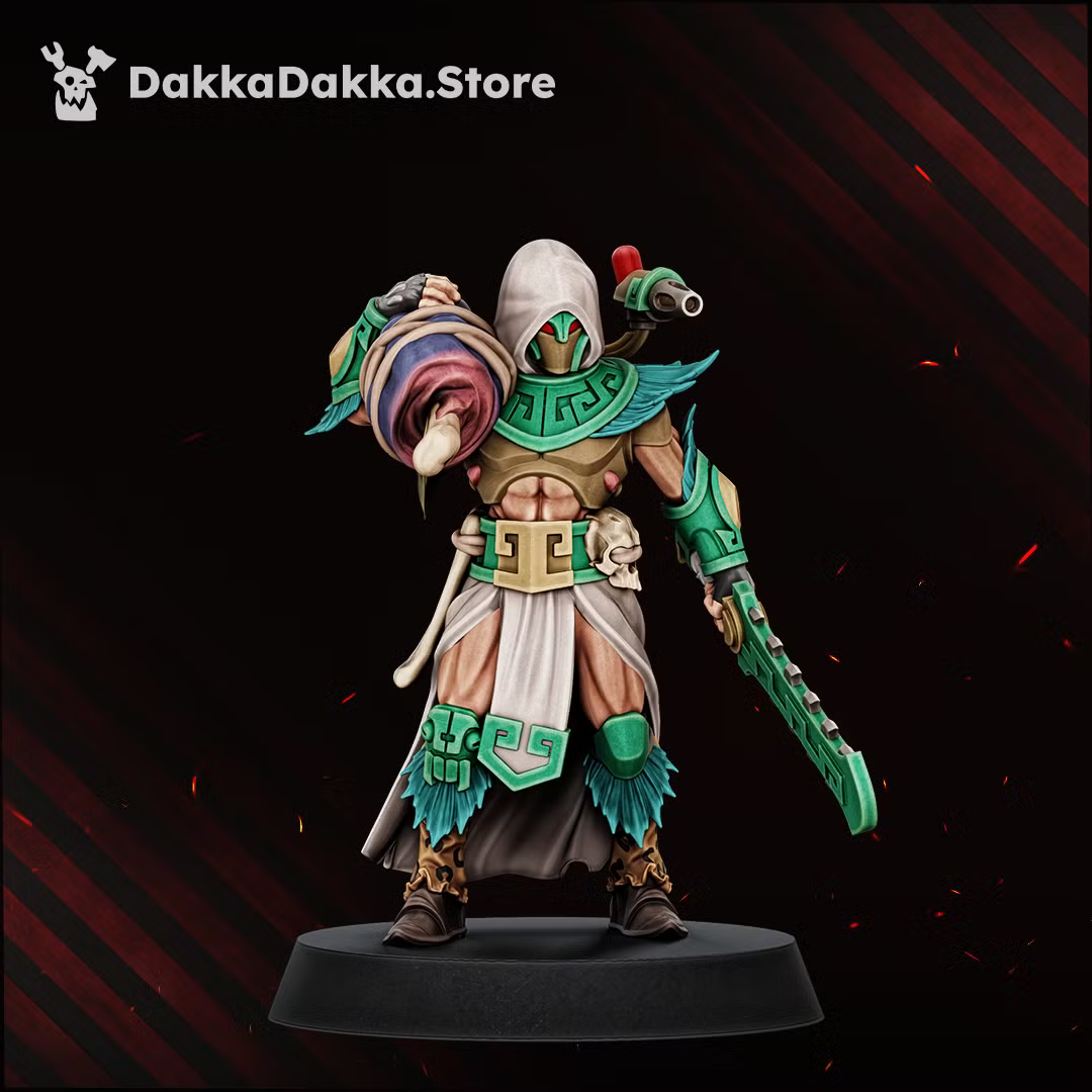 Individual Spacelair Stinging Blade warrior with ceremonial armor, feathered crest, and curved sword.