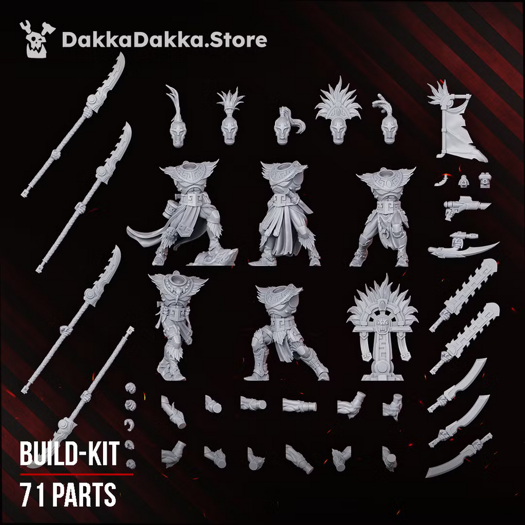 Spacelair Stinging Blades 71-part modular Build Kit, showing bodies, heads, arms, weapons, and shrine components.