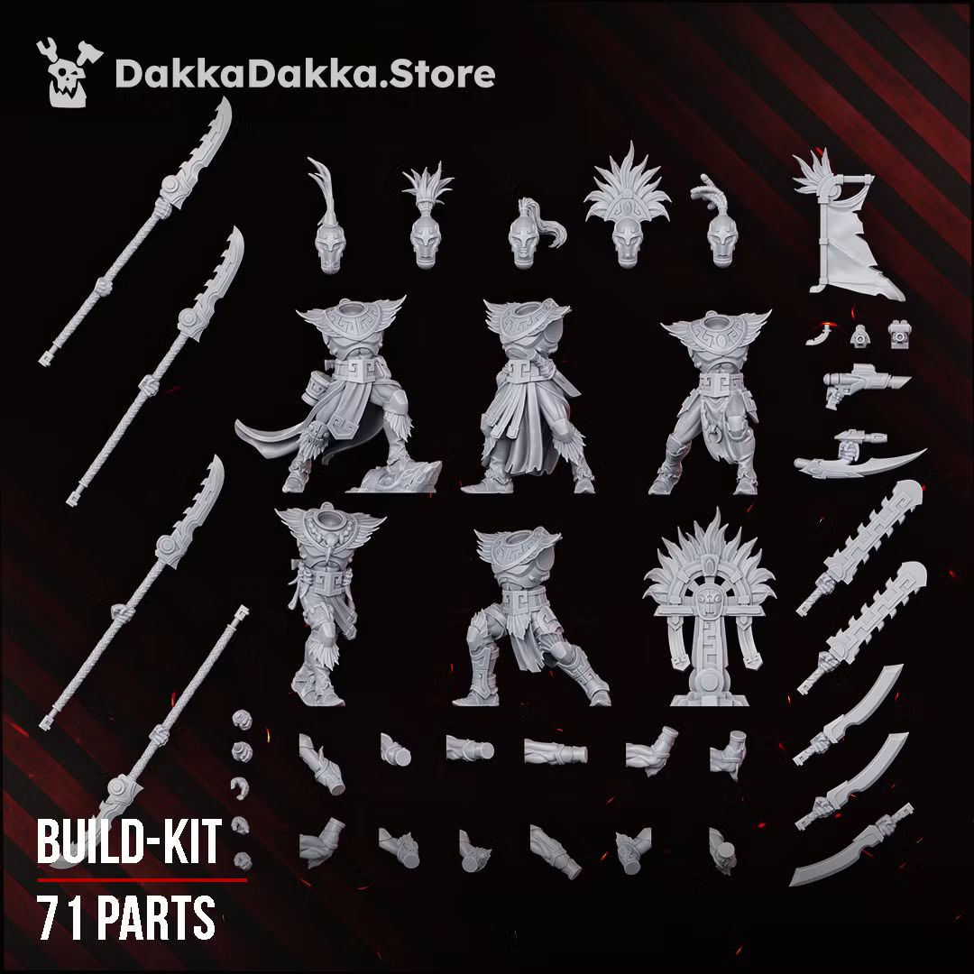 Spacelair Stinging Blades 71-part modular Build Kit, showing bodies, heads, arms, weapons, and shrine components.