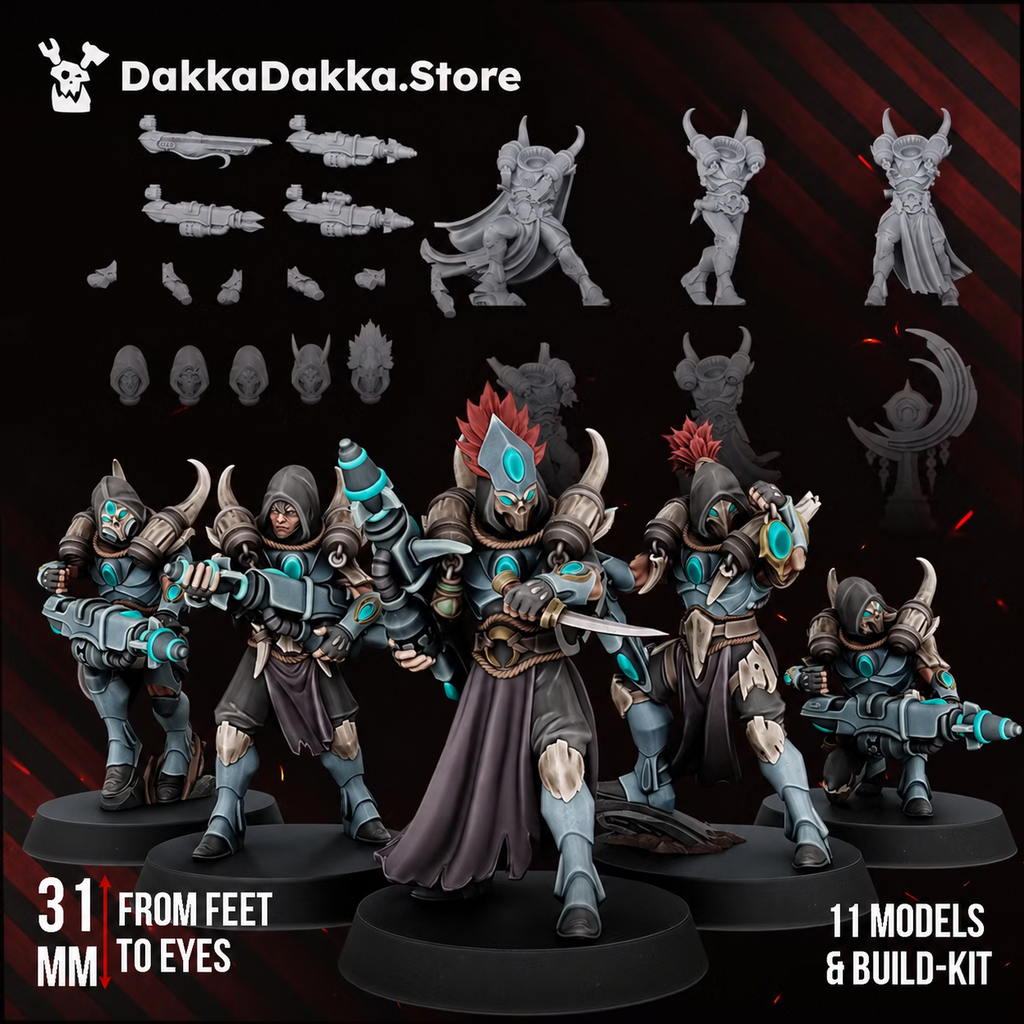 Spacelair Firestorm Guardians by DakkaDakka, showing the 31mm high-tech alien squad, modular components, and crescent shrine.